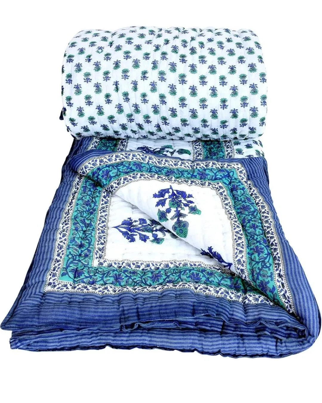 THROW KING Rajasthani Traditional Cotton and Jaipuri Flower Print with Floral Design Reversible Quilts (Single Bed)